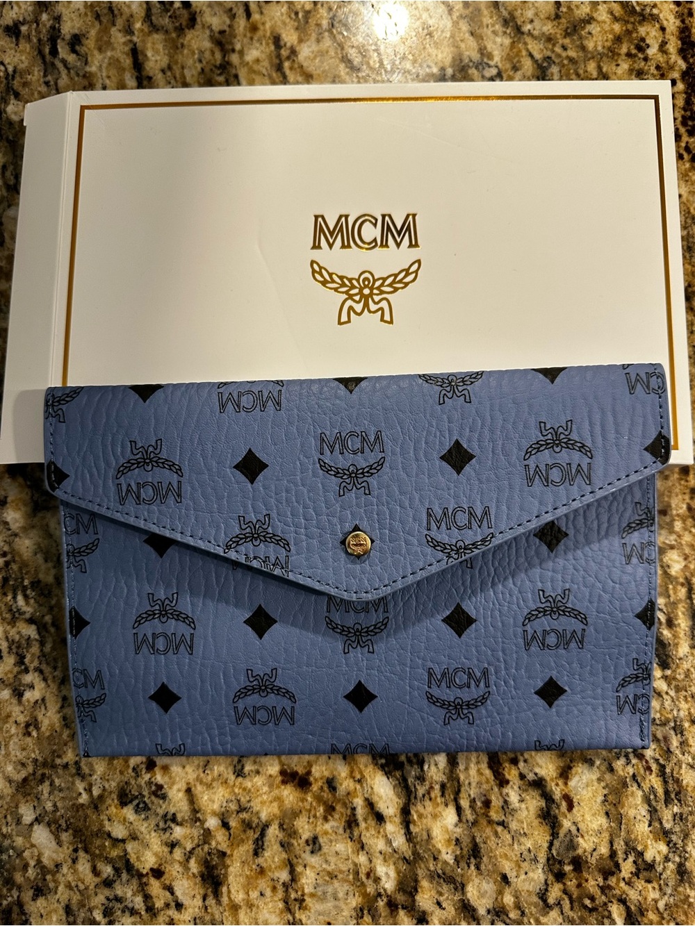 MCM Logo Monogram Envelope Clutch in Dusty Blue
